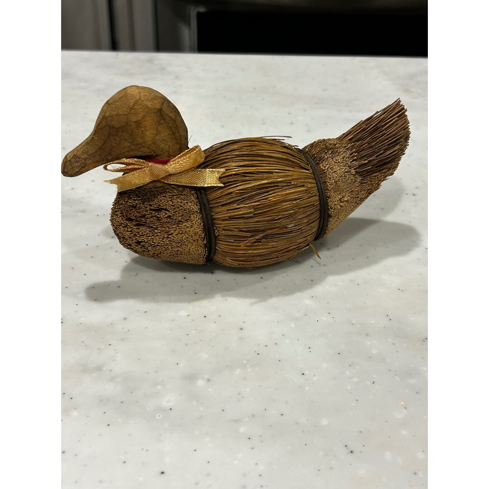 Handcrafted Pine Needle and Wood Duck Figurine Rustic Folk Art Bird Decor 6 Inch